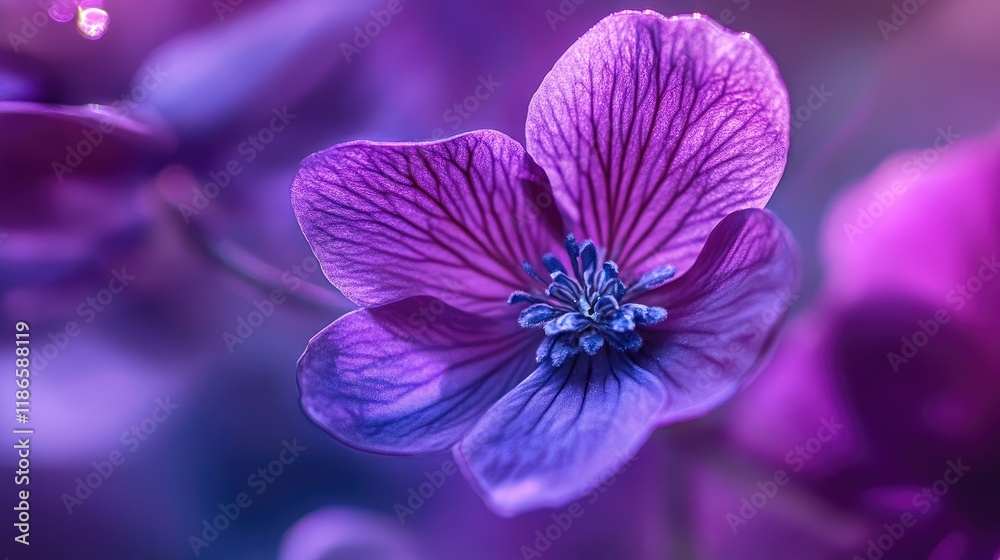 Poster Vibrant violet flower with intricate petals illuminated by soft light creating a dreamy and enchanting atmosphere