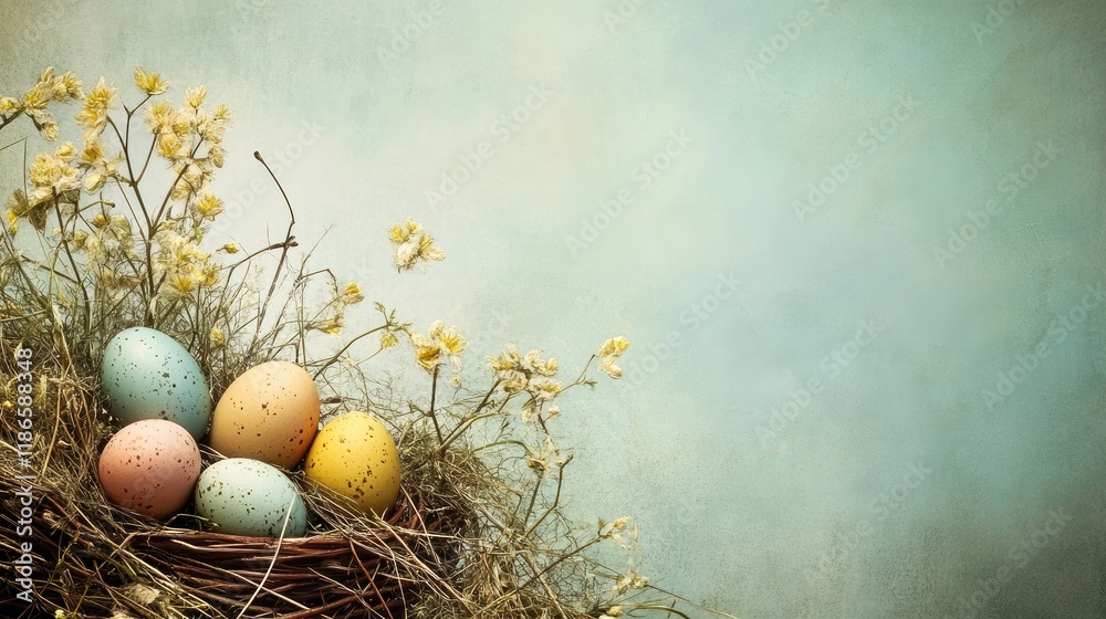 Poster pastel easter eggs in a rustic nest surrounded by dried flowers on a textured light blue background 