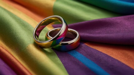 A pair of golden wedding rings on a colorful rainbow pride LGBTQ flag cloth. Gay wedding symbol illustration concept.