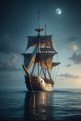 Fototapeta premium Medieval galleon ship sailing into calm ocean at night.