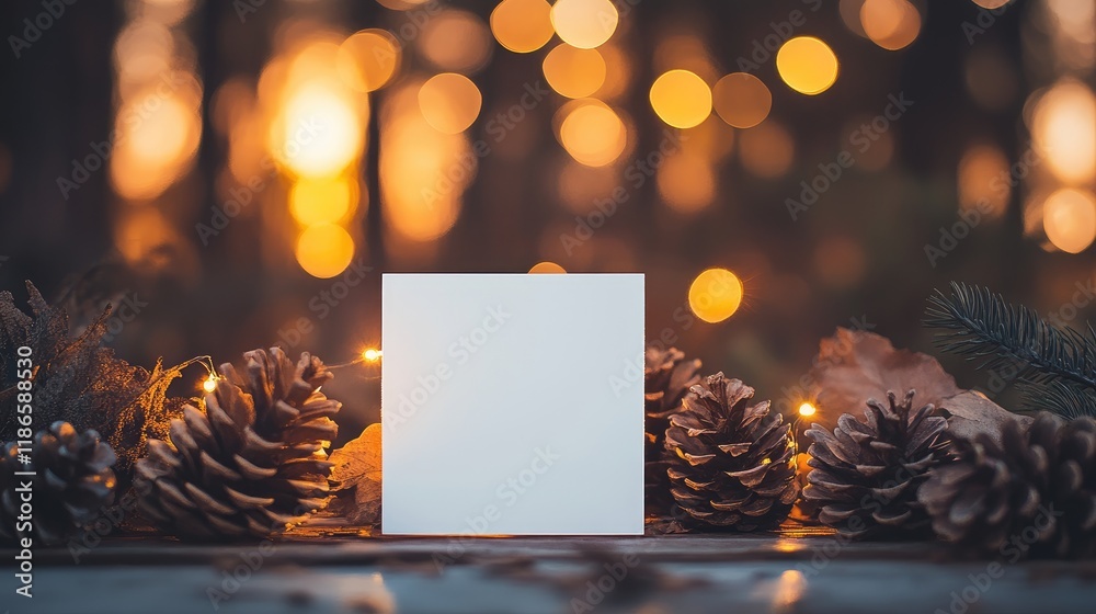 Aufkleber white square banner mockup surrounded by pine cones autumn bokeh lights in a warm nature setting per