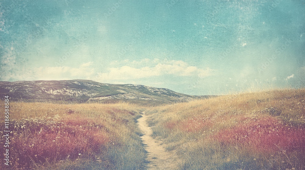 Poster serene vintage landscape of a summer meadow with a winding path under a blue sky and soft clouds in 