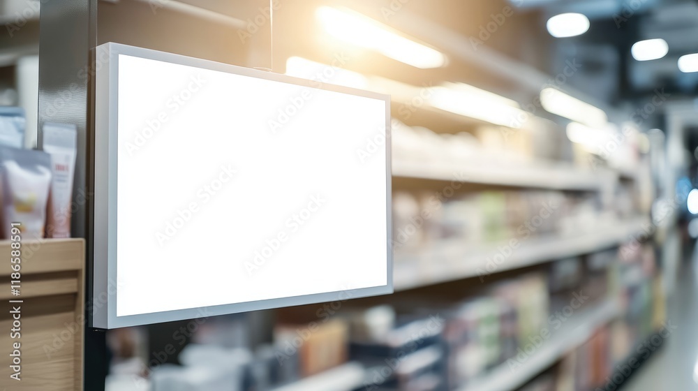 Poster empty white signboard hanging in retail store aisle ready for advertising display with blurred shelv