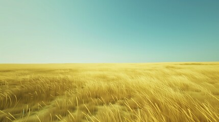 Obraz premium A vast golden field of tall grass swaying gently in the wind under a clear blue sky.