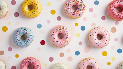 Colorful assorted donuts with frosting and sprinkles arranged on a vibrant polka dot background showcasing a delightful sweet treat display