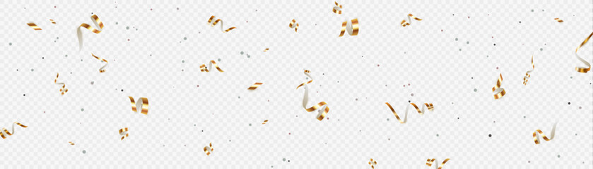 Golden confetti, bright realistic streamers. Falling shiny streamers. Bright golden festive tinsel. Festive design elements on transparent background for web banner, poster, flyer, invitation.	
