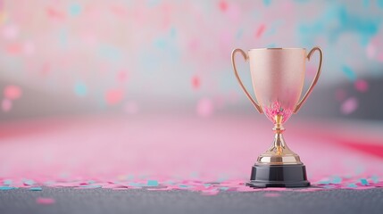 Gleaming Gold Winners Trophy Cup with Pink and Blue Confetti on Blurred Background Celebrating Achievement and Victory, Perfect for Award Ceremony Depictions and Success Themes in Stock Photography