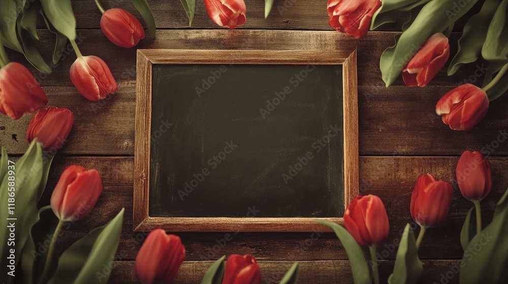 Aufkleber Vintage tulip frame surrounding a blank chalkboard on a rustic wooden table creating a charming floral display for creative projects