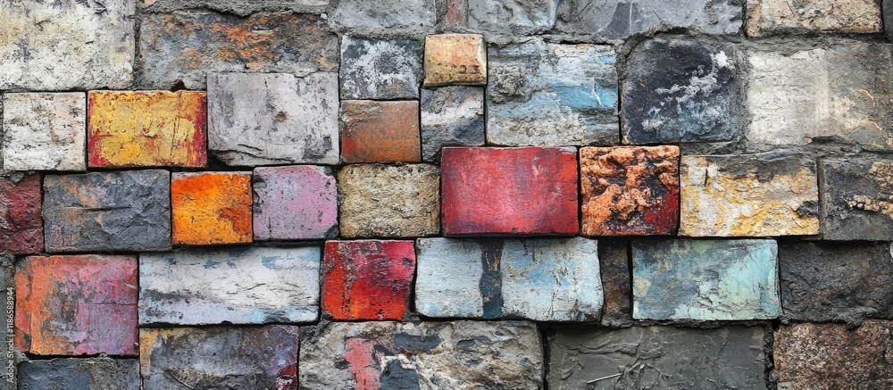Poster Rustic weathered stone wall featuring unevenly placed colorful blocks revealing historical texture and unique charm