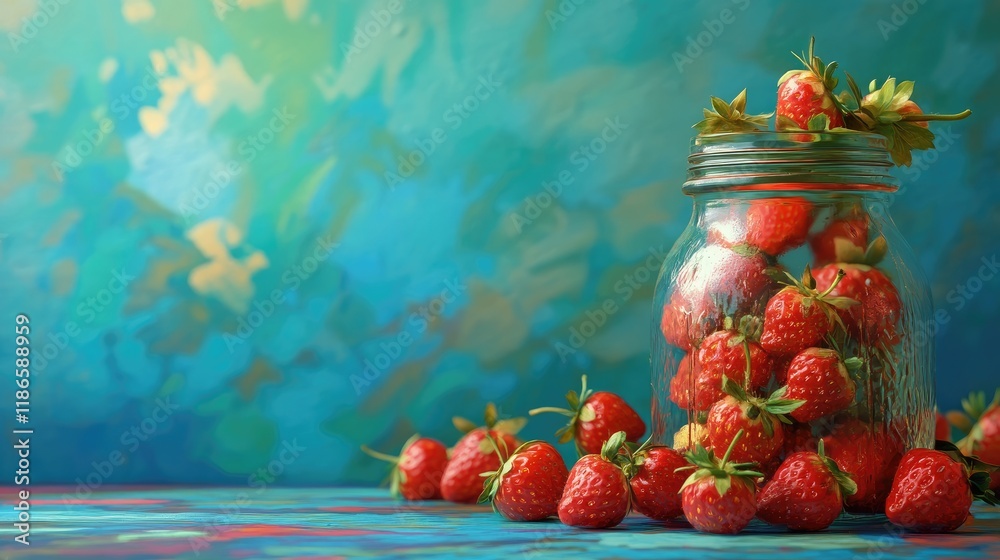 Poster vintage jar filled with fresh strawberries against a colorful abstract background showcasing vibrant