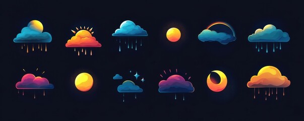 Weather icons, sunny, rainy, cloudy, night sky elements with vibrant colors, representing various weather conditions like sunshine, rain, and clouds in a stylized manner