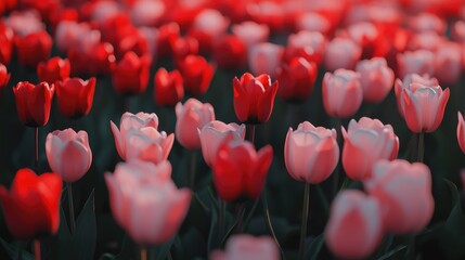 Vibrant field of blossoming pink and red tulips capturing the essence of spring and holiday celebrations at a colorful flower festival