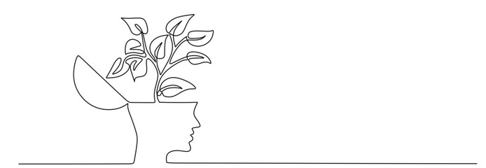 Line art of human head with plant inside. Mental health and psychology vector concept.