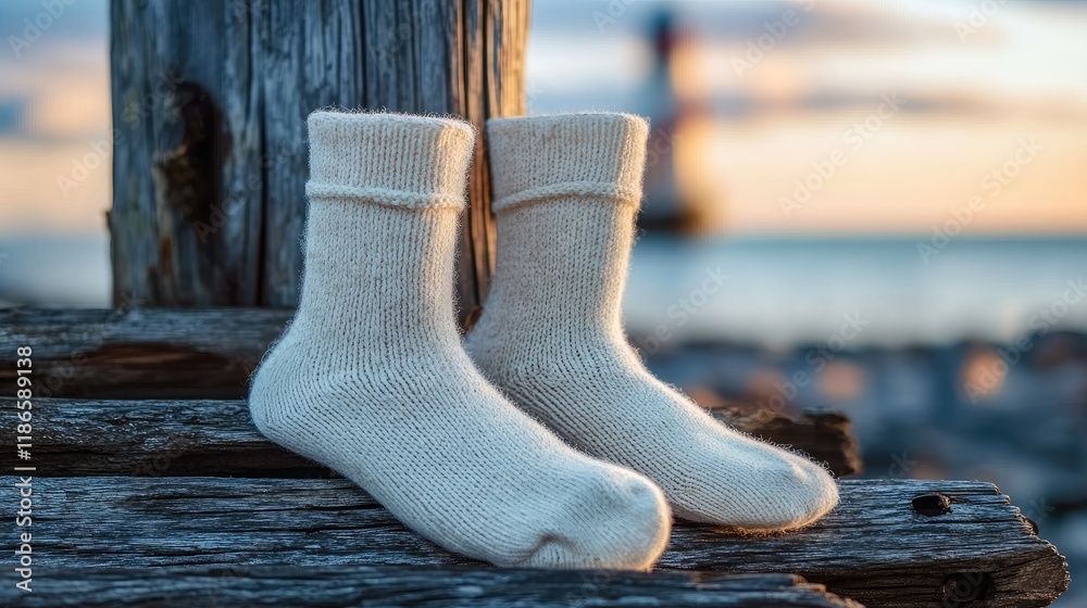 Poster White socks resting on rustic lighthouse wood symbolizing the passage of time and tranquility in a coastal setting during sunset