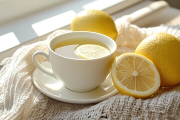 Cup of hot lemon tea with fresh lemons on a cozy knitted blanket by a window