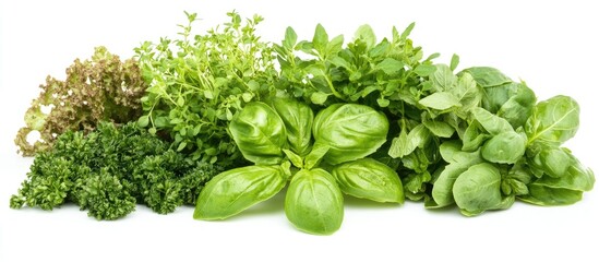 Artful arrangement of vibrant fresh herbs on a clean white background showcasing culinary elegance and natural flavors for food presentation