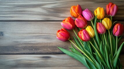 Colorful Tulip Bouquet Arrangement on Rustic Wooden Background for Spring Decor or Floral Design Concepts