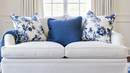 Elegant white sofa with blue floral cushions and a cozy throw blanket in a bright, modern living room setting.