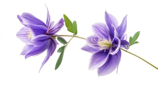 Vibrant violet aquilegia flowers in full bloom with delicate green leaves isolated on a clean white background