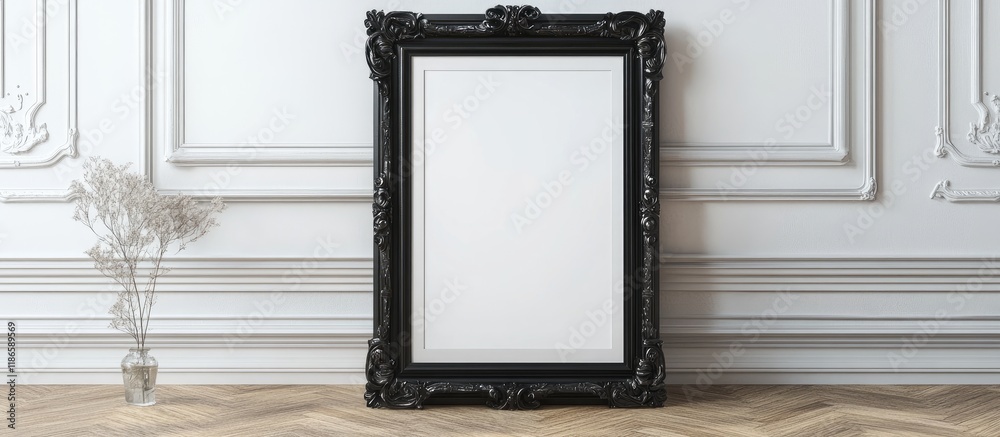 Poster vintage black victorian picture frame on parquet floor against a textured wall ready for custom artw
