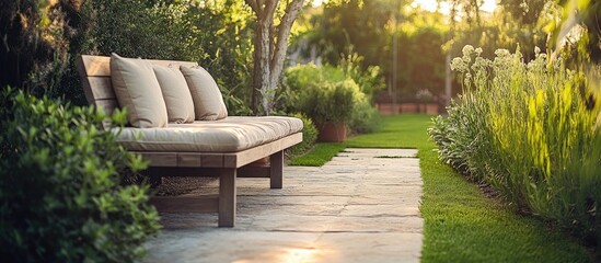 Tranquil garden scene featuring a wooden bench with soft cushions surrounded by lush greenery for relaxation and peaceful moments