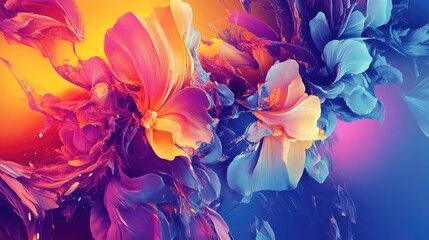 Obraz premium Vibrant abstract digital art showcasing colorful floral elements and intricate textures with a dynamic blend of hues and forms.