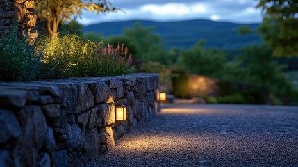 Twilight Illumination on a Rustic Stone Wall Surrounded by Lush Greenery and Soft Lighting