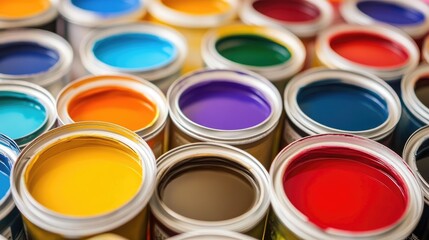 Fototapeta premium Colorful Acrylic Paint Cans Displayed in a Creative Arrangement for Artistic Inspiration and Home Decor Projects