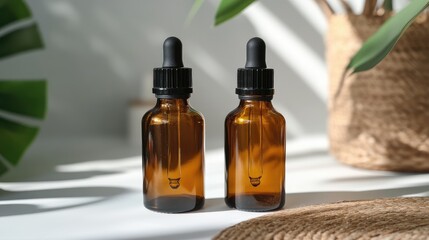 Amber Glass Bottles with Droppers on a Bright Surface Surrounded by Greenery and Natural Textures
