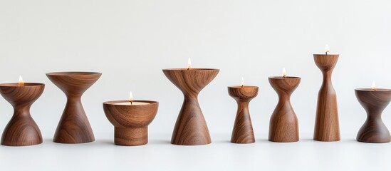 Elegant wooden candle holders in diverse designs and sizes showcased on a white background highlighting craftsmanship and warm ambiance