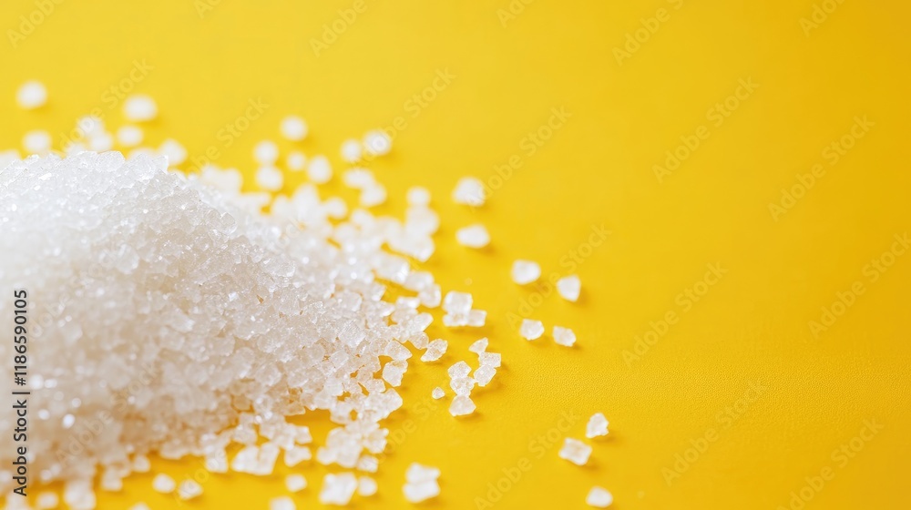 Poster White sugar granules scattered on a vibrant yellow background showcasing texture and contrast in a modern culinary setting.