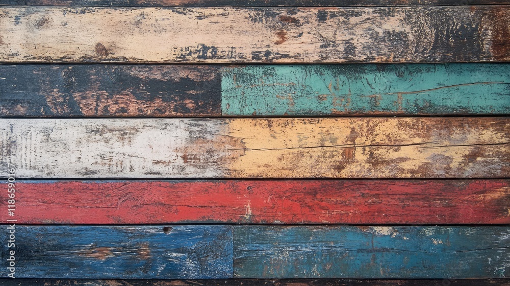 Poster Old rustic wooden planks with a distressed painted finish in various colors ideal for backgrounds and artistic design projects.