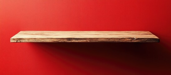 Rustic wooden shelf against vivid red backdrop ideal for product displays and interior design inspiration.