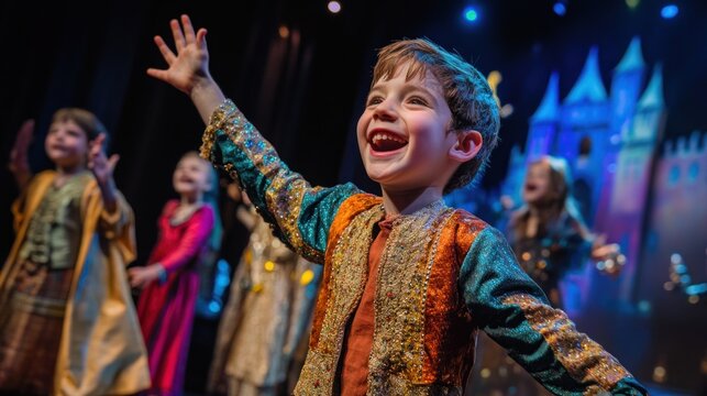 Joyful boy in a fairytale costume sings on stage with other children during a musical performance.