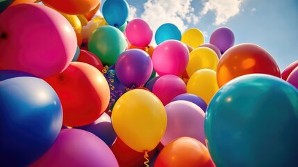 Colorful Assortment of Balloons Against a Bright Blue Sky in a Festive and Vibrant Atmosphere