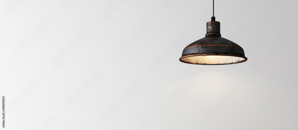 Poster rustic vintage metal lamp elegantly suspended on a clean white background perfect for minimalist pro