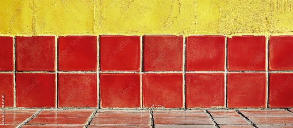 Poster bold red tiles against a vibrant yellow wall creating a striking color contrast ideal for interior d