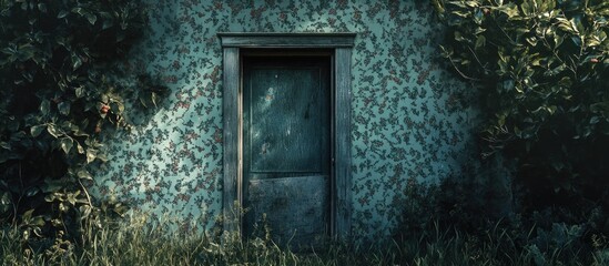 Abandoned house facade with peeling wallpaper and overgrown vegetation showcasing nature's reclamation of urban space