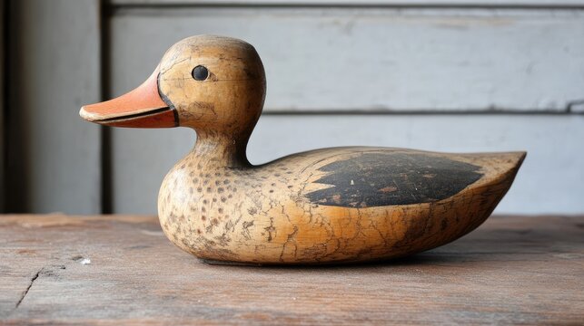 Classic handcrafted wooden duck decoy with a rustic finish displayed on a wooden surface in natural light