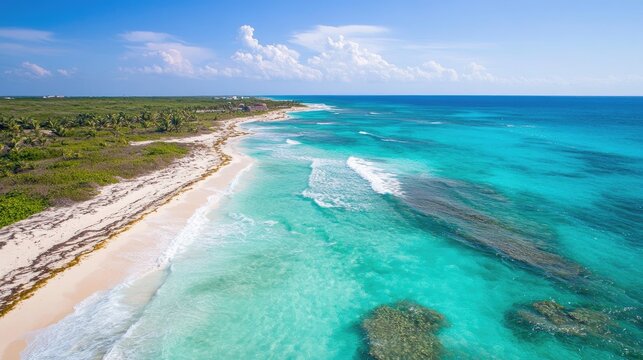 Turquoise ocean waves roll onto a pristine sandy beach under a clear blue sky with lush greenery and rocky formations in the distance