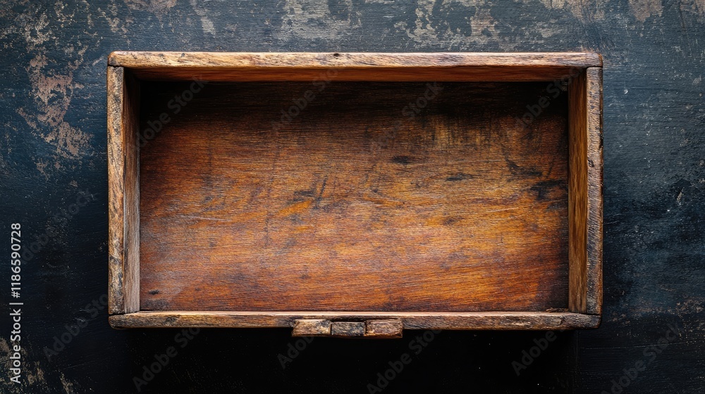 Poster empty vintage wooden box on dark textured surface with copy space for storage or organization themed