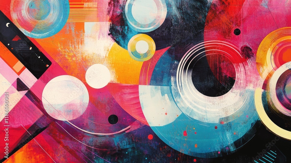 Poster vivid abstract composition featuring geometric patterns and colorful circular shapes for creative de