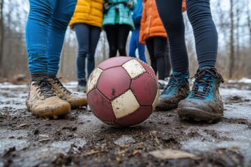 Fototapeta premium Children playing soccer on a muddy field in winter, surrounded by trees and snow
