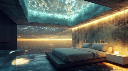 Unique bedroom with a glass ceiling and soft ambient lighting 