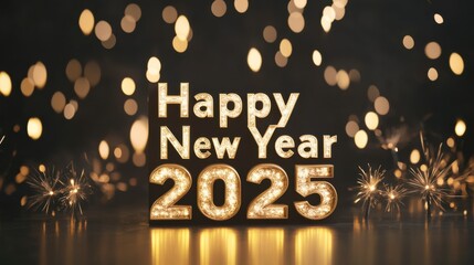 Happy New Year 2025: A vibrant and festive New Year's greeting card design. The message "Happy New Year 2025" is rendered in sparkling.