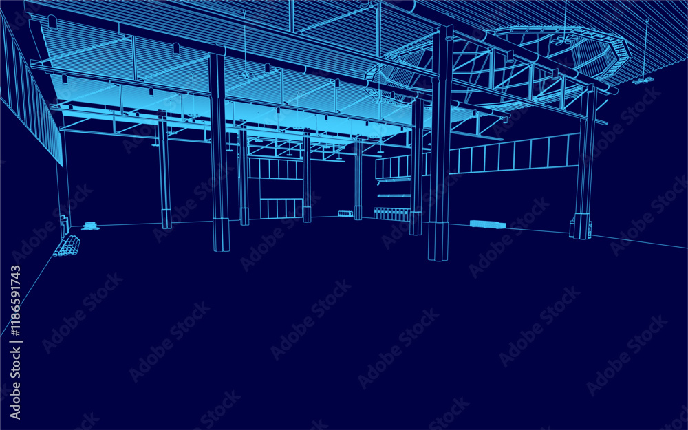 Poster the image of a building with a blue sky in the background. the building appears to be a large, moder