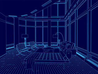 Blue drawing of a living room with a couch, a coffee table, and a few chairs
