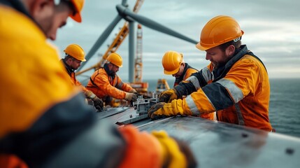 A team of skilled offshore construction workers in hard hats and safety gear working together to assemble the foundation for a new offshore wind turbine
