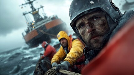 Obraz premium Offshore Crew Members Safely Securing Vessel During Turbulent Storm at Sea Weathered Faces Powerful Winds Churning Waves and Heavy Duty Equipment in an Intense Industrial Maritime Setting