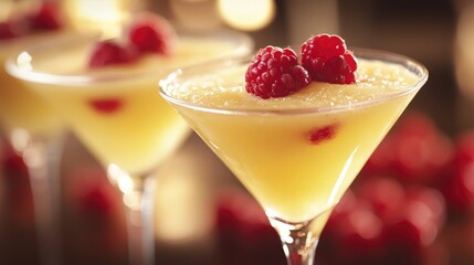 Yellow berry flavored vodka cocktail with fresh raspberries in elegant glassware on a blurred background of festive setting